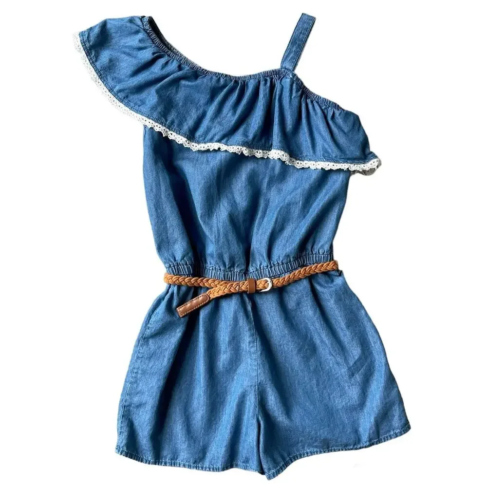 Girls 10 Justice Blue Jean Denim One Shoulder Lace Ruffle Shorts Romper Belt Set